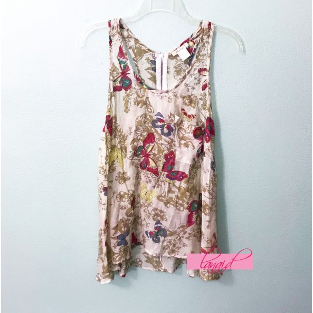 Phanuel Butterfly Floral Gauze Zipper Sleeveless Romantic Sleeveless Tank Top